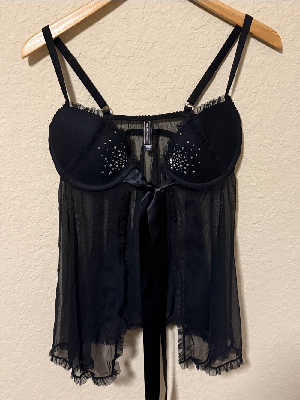 Y2K VS Black Rhinestone Babydoll Chemise - Women Intimates 36C